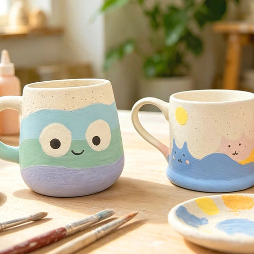 Two hand-painted ceramic mugs on a wooden table in a cozy craft studio setting. The mug on the left features a cute monster face design with pastel blue, mint green, and lavender sections.