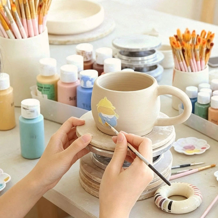 A person painting a beige ceramic mug on a pottery wheel, surrounded by paint bottles, brushes, and small ceramic pieces on a light-colored table.